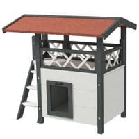 Outdoor Cat House with Balcony Stairs Roof White