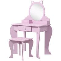Kids Dressing Table Cat Design with Mirror Stool Drawer Storage Box