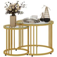 2 Pieces Round Nesting Coffee Tables with Tempered Glass Top Gold Tone - 839-809V00GD