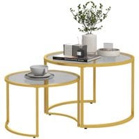 Modern Coffee Table Set of 2, Nesting Tables with Glass Top - Gold