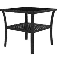 PE Rattan Coffee Table, Two-tier Side Table with Glass Top - Black