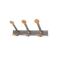 Wall Coat Hooks 3 Double Pegs Silver Grey Steel/Light Wood - L46xW18x12cm