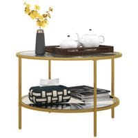 Round Coffee Table with Storage Shelf and Tempered Glass Top Gold