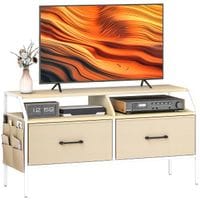 TV Stand Cabinet with 2 Foldable Drawers - Natural Wood Finish