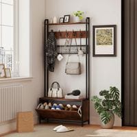 Industrial Hall Tree Coat Rack Stand with Shoe Cabinet Rustic Brown