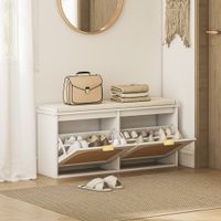 Boho Shoe Bench with Padded Seat and 2 Flip-Drawers - White