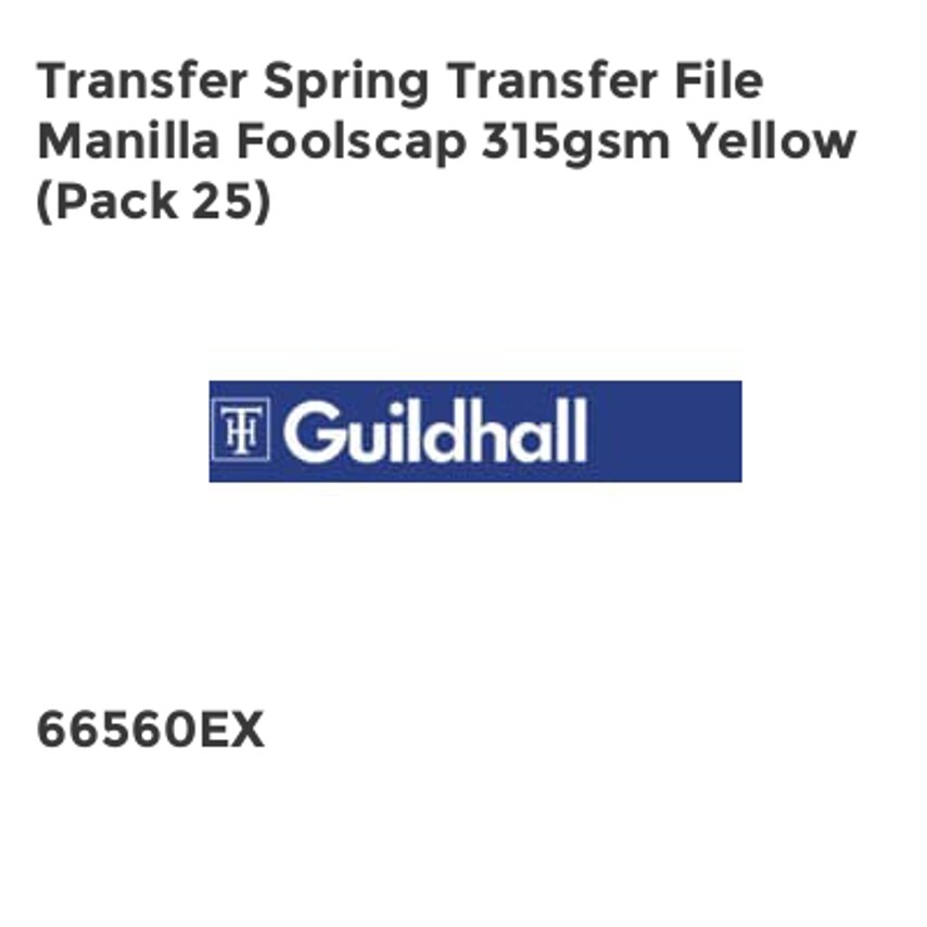 Guildhall Transfer Spring Transfer File Manilla Foolscap 315gsm Yellow (Pack 25) - Picture 1 of 1