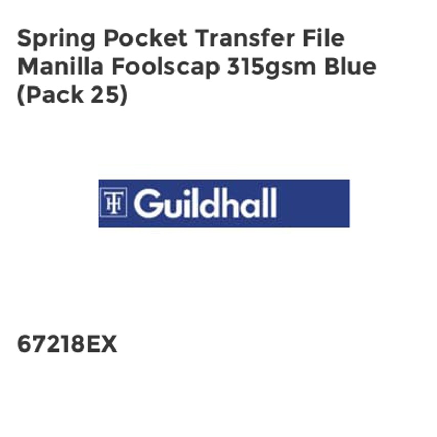 Guildhall Spring Pocket Transfer File Manilla Foolscap 315gsm Blue (Pack 25)