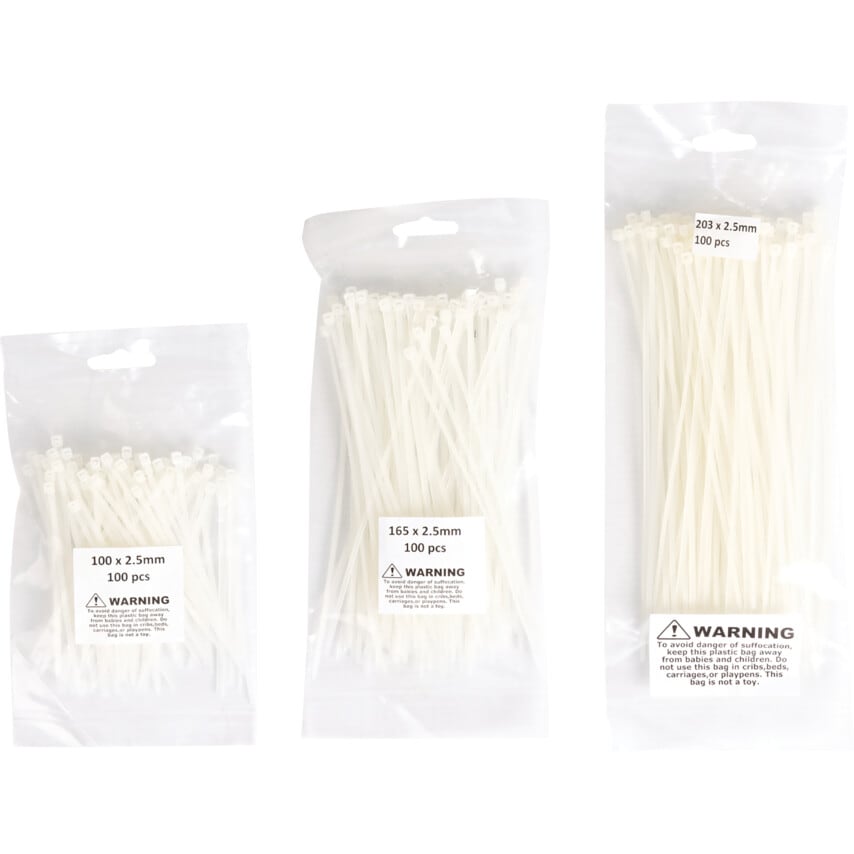 Edison Cable Ties, Natural, 2.5mm Diameter & Assorted Length, Pack of 300