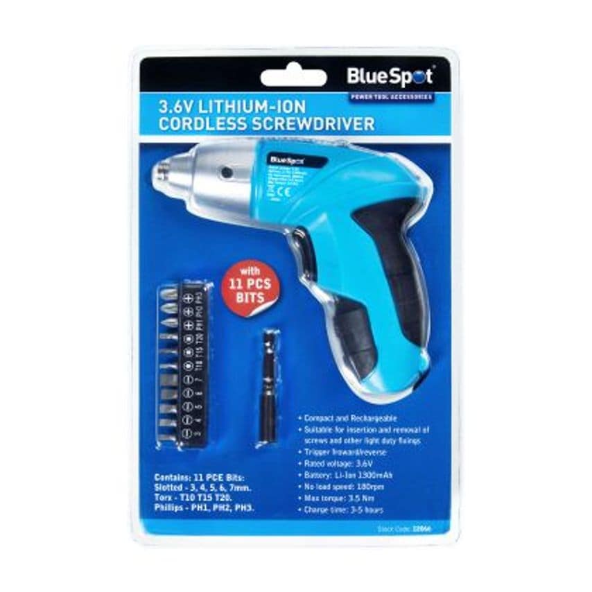 Blue Spot Tools 3.6V Cordless Screwdriver with 11 Piece Bits