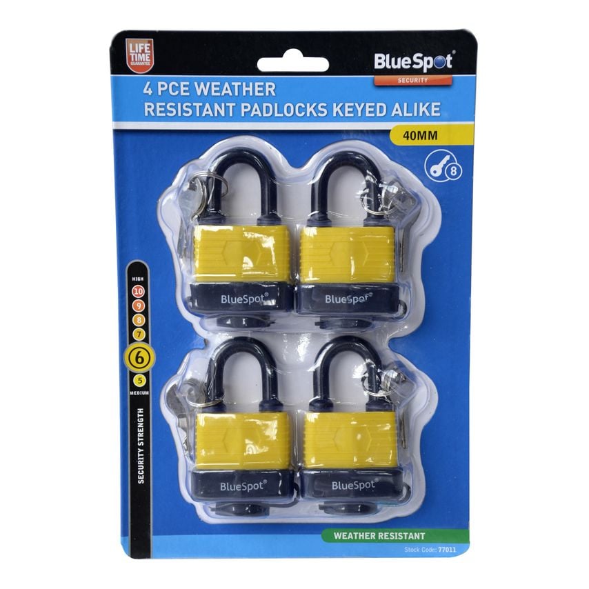 Fort Knox  77011 40 mm Weather Resistant Keyed Alike Padlocks - Yellow (Pack of 4), Acceptable
