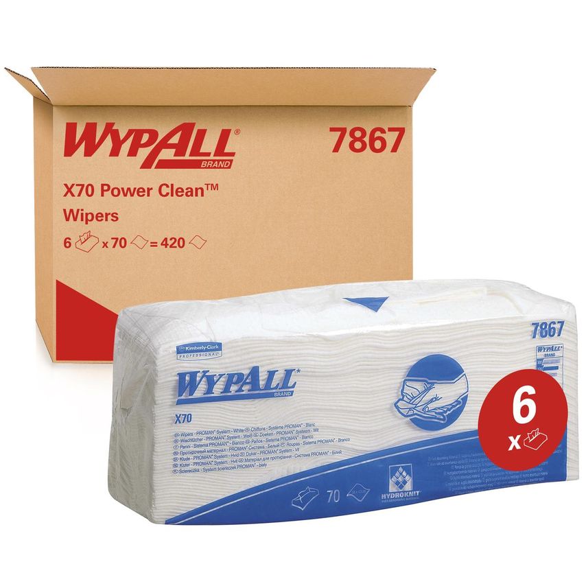 7867, X70 Folded Cloths 7, 1 Ply, White, 6 packs x 70 folded cloths