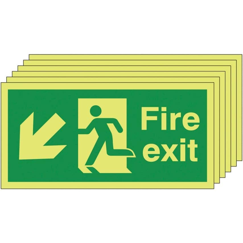 Sitesafe 150 x 300 Fire Exit Running Man Arrow Down Left - Nite Glo Self Adhesiv