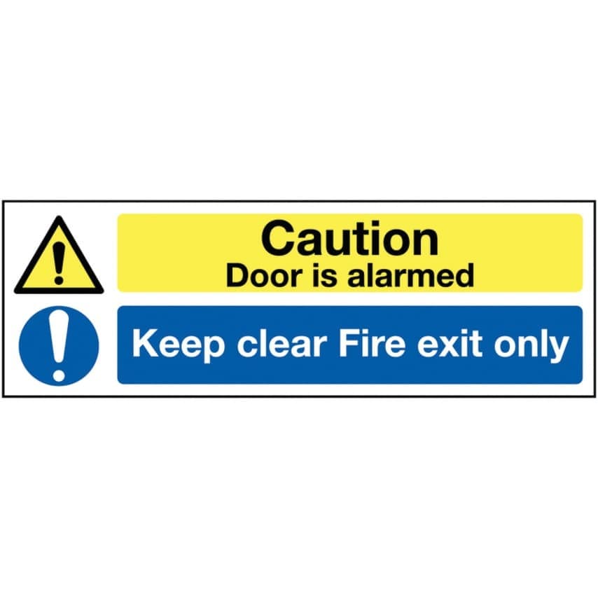 Sitesafe 150 x 450mm Caution Door is Alarmed Keep Clear Fire Exit Only - Self Ad