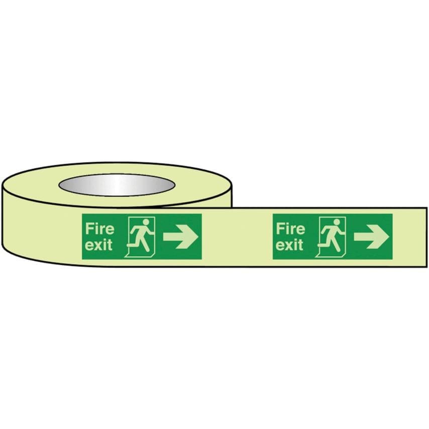 Sitesafe 80mm x 10m Fire Exit Running Man Arrow Right Photoluminescent Tape