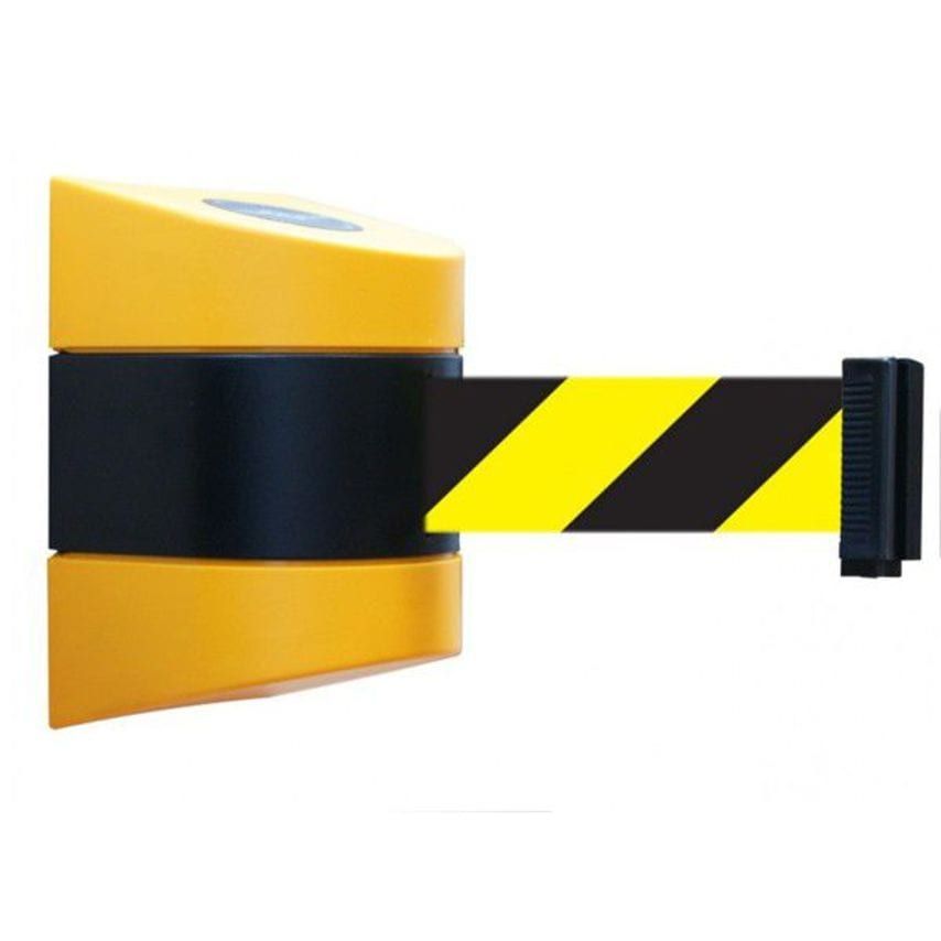 Sitesafe Wall Mount Tensabarrier - 7.7m Yellow & Black with Yellow & Black Webbi