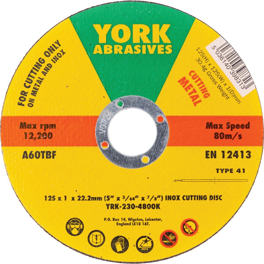 York 125 X 1 X 22MM A60 T-BF Inox Thin Reinforced Cutting Discs - Typ- you get 5