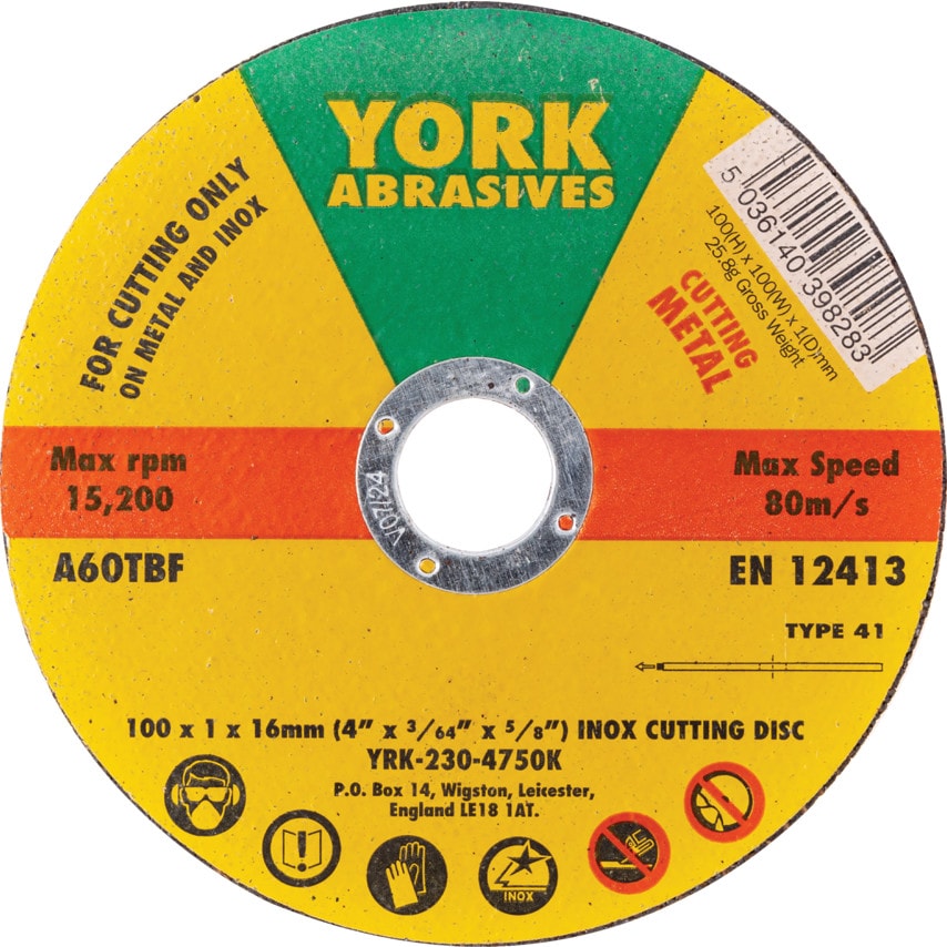 York 100 X 1 X 16MM A60 T-BF Inox Thin Reinforced Flat Cutting Discs - you get 5