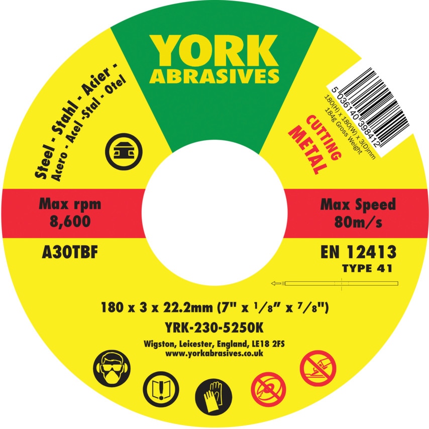 York 180X3X22MM A30-T BF Type 41 Reinforced Cutting Disc
