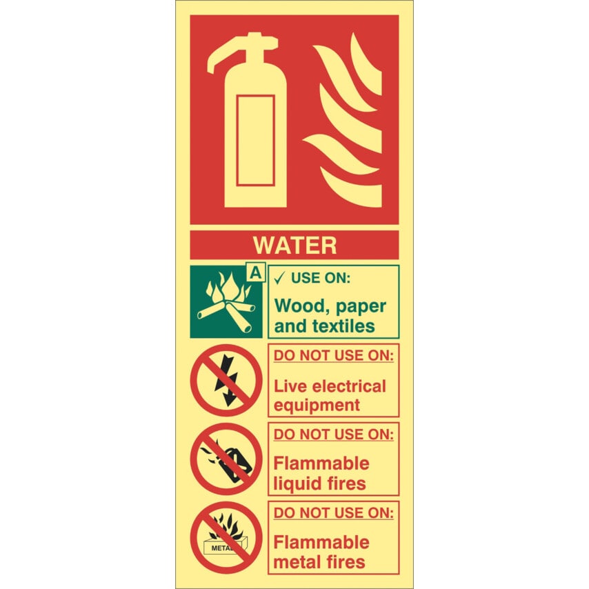 Sitesafe Water Fire Extinguisher Photoluminescent Rigid PVC Sign - 82 X 202mm