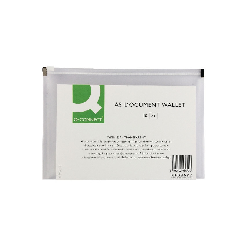 Q-Connect KF03672 DOC WALLET ZIP A5 TRANSPARENT (PK-10)