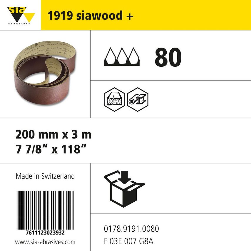 Sia Abrasives 1919 Siawood Narrow Paper Belt - W200MM X L3000MM - Grit 80 - Pack