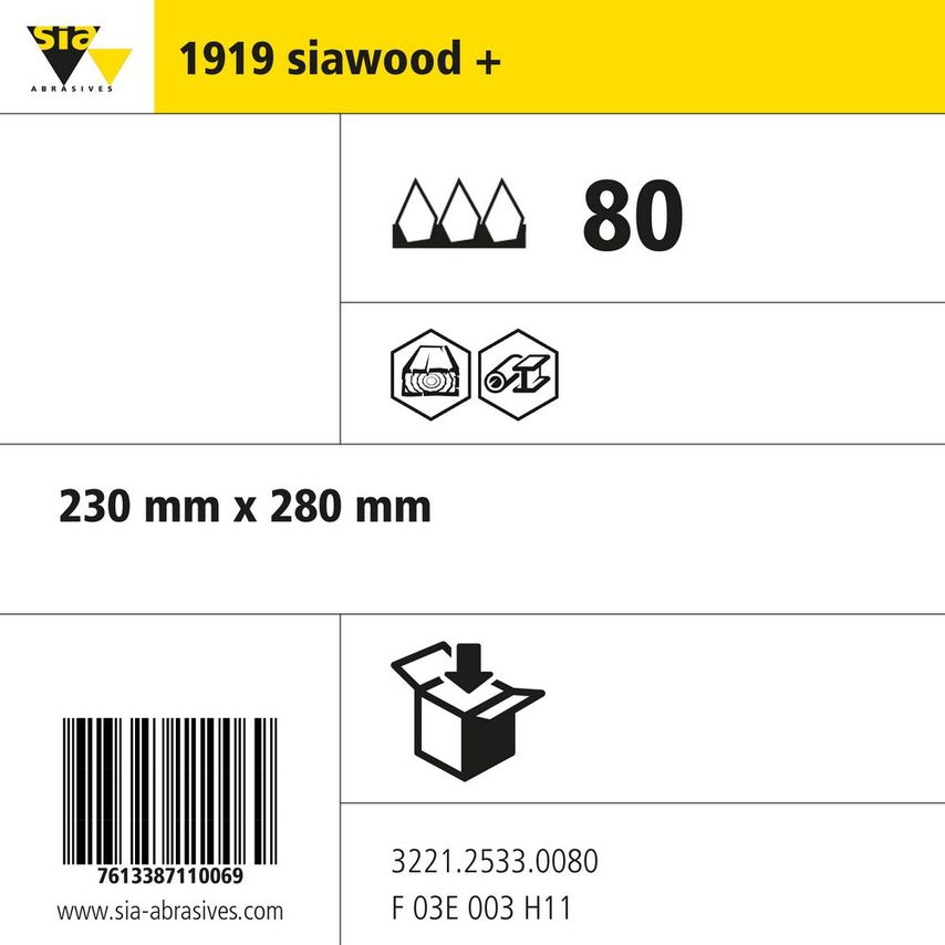 Sia Abrasives 1919 Siawood Paper Sheet - W230MM X L280MM - Grit 80 - Pack of 500