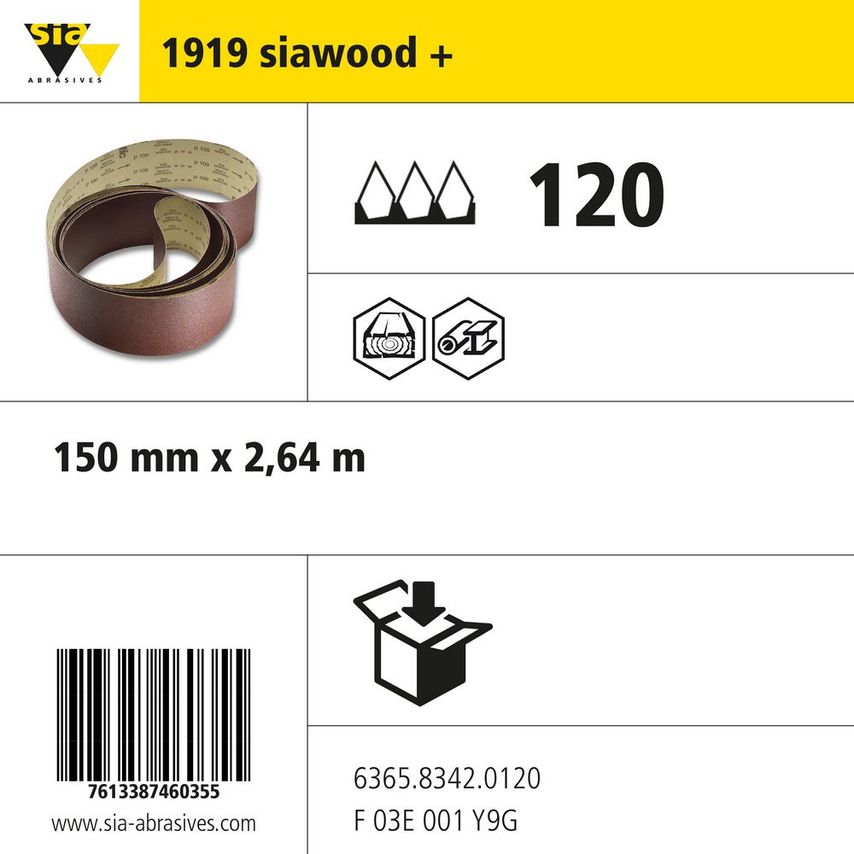 Sia Abrasives 1919 Siawood Narrow Paper Belt - W150MM X L2640MM - Grit 120 - Pac