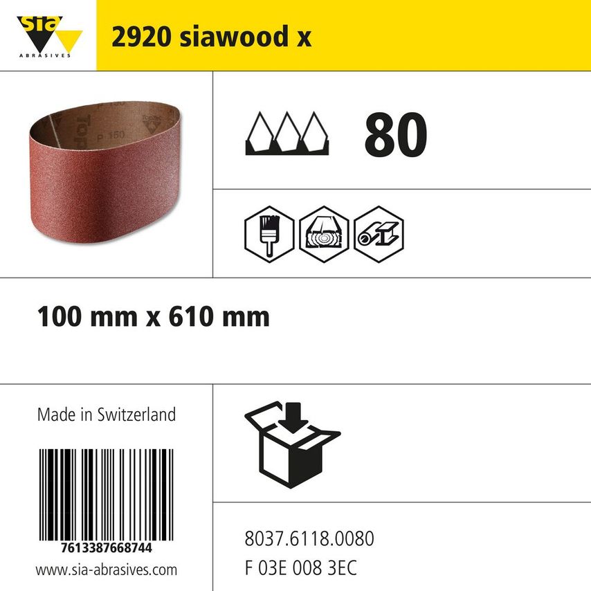 Sia Abrasives 2920 Siawood Narrow Cloth Belt - W100MM X L610MM - Grit- you get 4