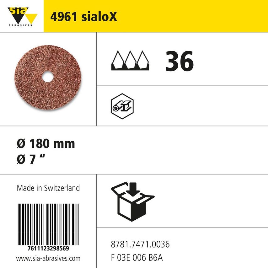 Sia Abrasives 4961 Sialox Fibre Disc - with Centre Hole - Diameter 180MM - Grit