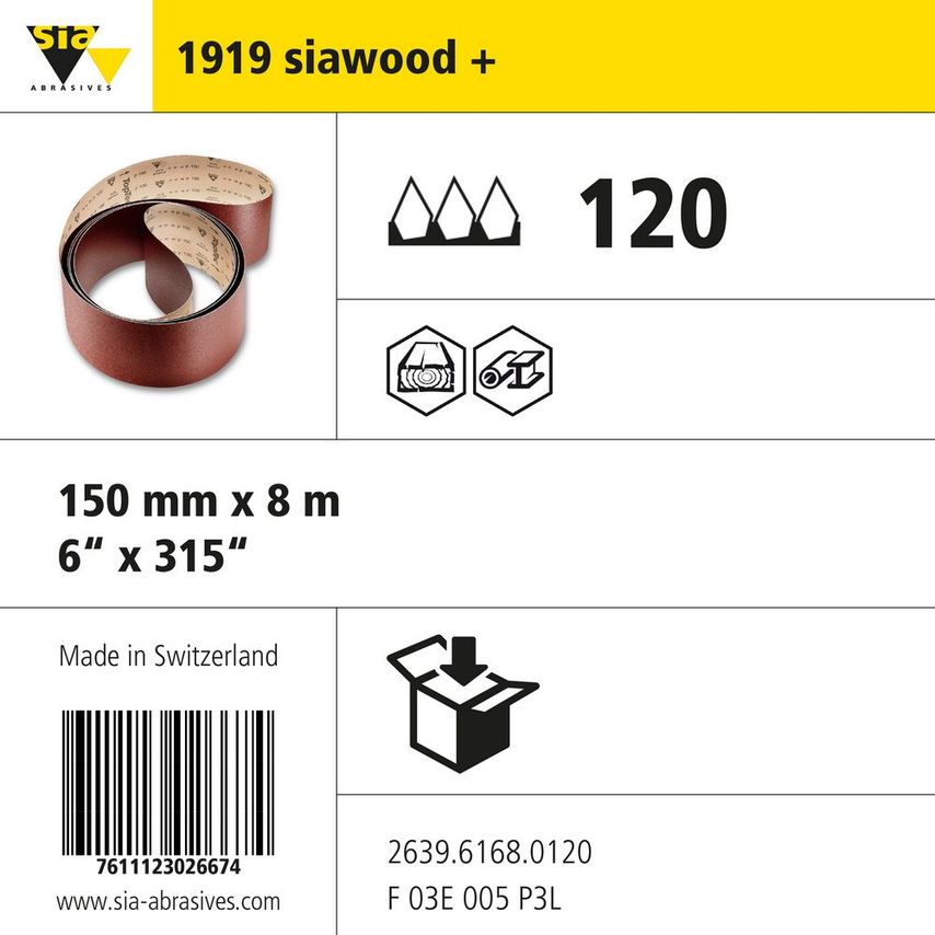 Sia Abrasives 1919 Siawood Narrow Paper Belt - W150MM X L8000MM - Grit 120 - Pac