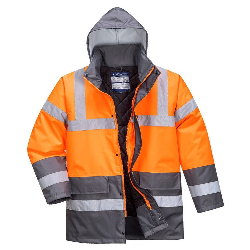 Portwest Hi-Vis Contrast Winter Traffic Jacket, Orange/Grey, Large, Y