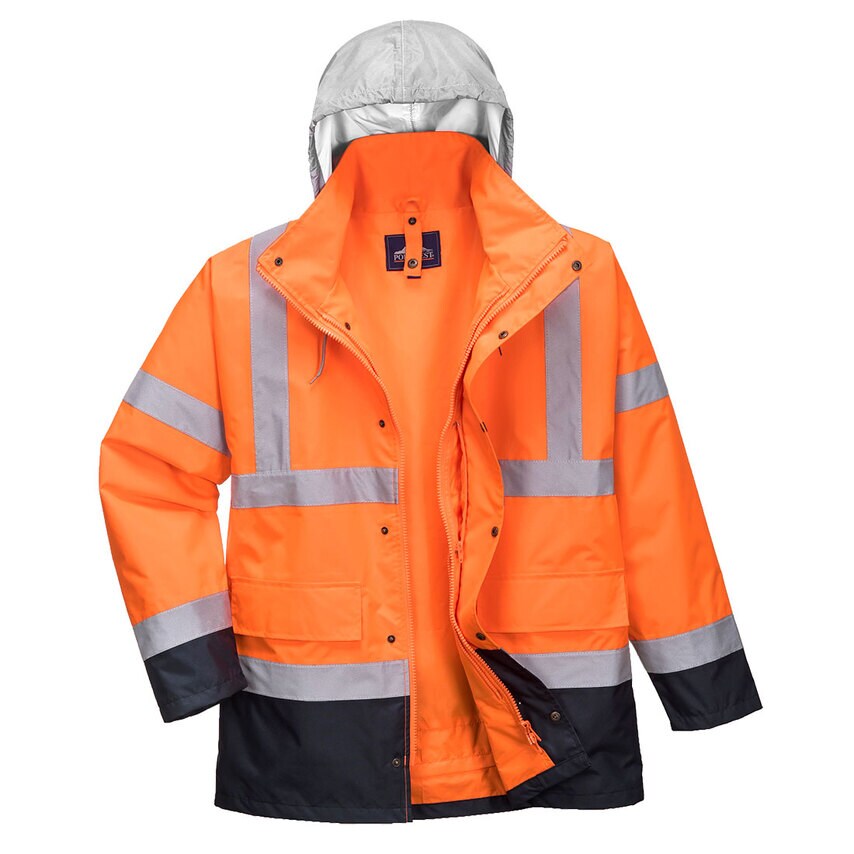 Portwest Hi-Vis 4-in-1 Contrast Traffic Jacket, Orange/Navy, XL, Regular