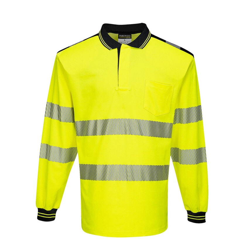 Portwest PW3 Hi-Vis Cotton Comfort Polo Shirt Long Sleeve, Yellow/Black, Small,