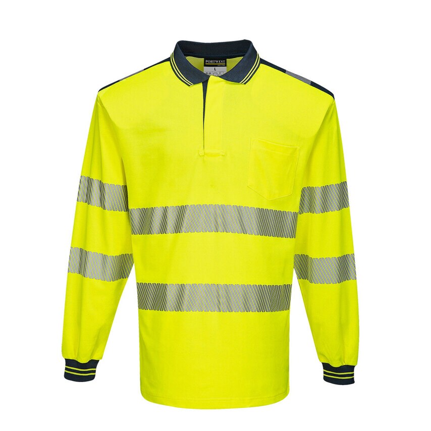 Portwest PW3 Hi-Vis Cotton Comfort Polo Shirt Long Sleeve, Yellow/Navy, XXL, Reg