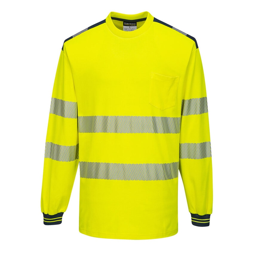 Portwest PW3 Hi-Vis Cotton Comfort T-Shirt Long Sleeve, Yellow/Navy, Medium, Reg