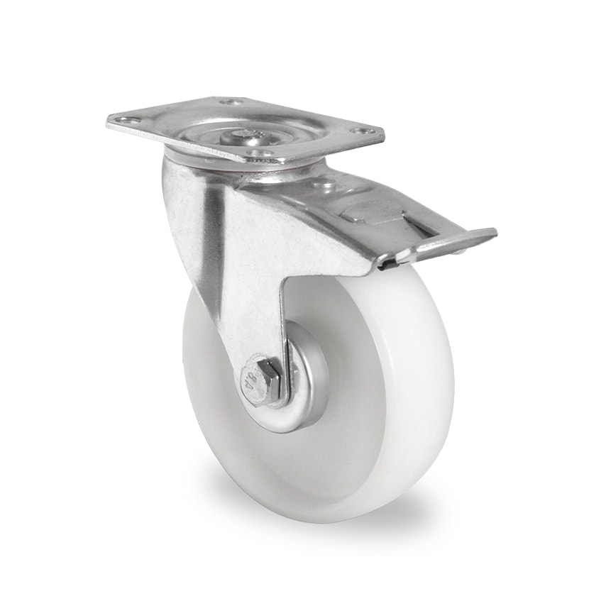 AUT White Polypropylene Solid Wheel, Swivel Top Plate Castor with Brake - G200P4