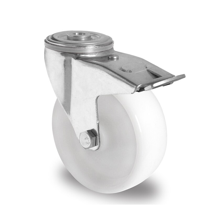 AUT White Polypropylene Solid Wheel, Stainless Steel Bolt Hole Castor with Brake