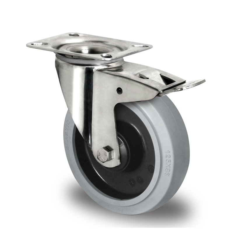 AUT Grey Elastic Tyre with Polyamide Centre, Swivel Top Plate Castor with Traili