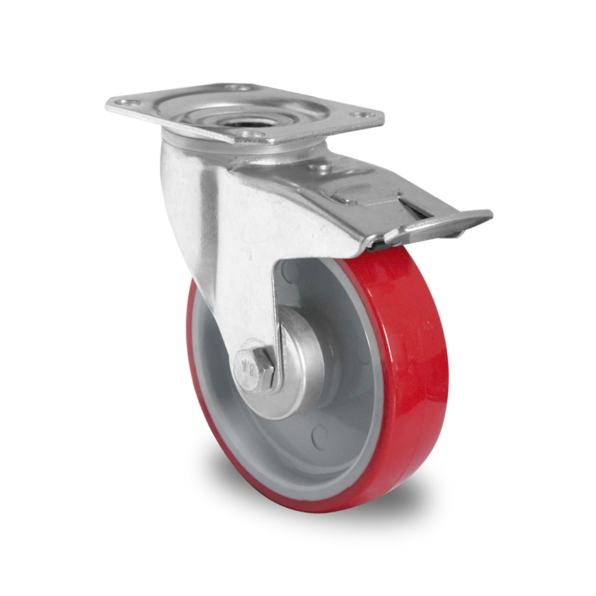 AUT Red Polyurethane Tyre with Grey Nylon Centre, Swivel Top Plate Castor with T