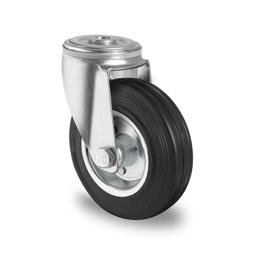 AUT Black Solid Rubber Tyre with Steel Centre, Swivel Bolt Hole Castor - D160R5Z