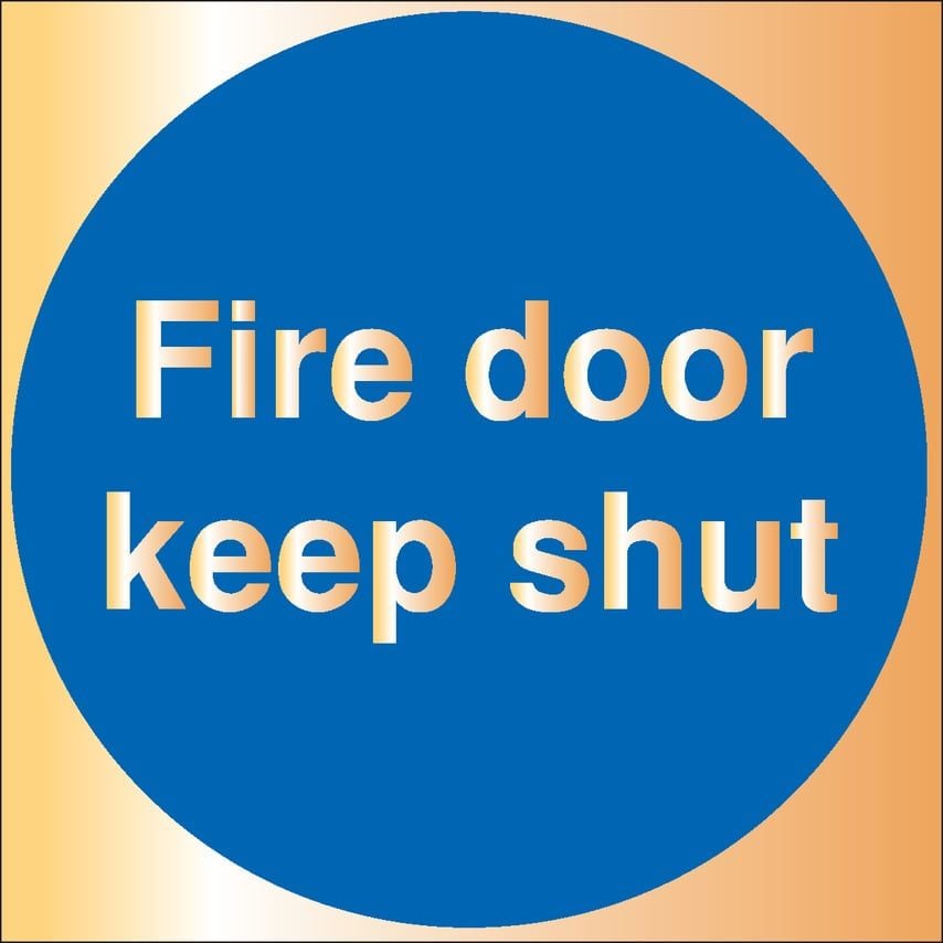 Signs & Labels 100 x 100mm Fire Door Keep Clear - Gold Deluxe Metal Sign