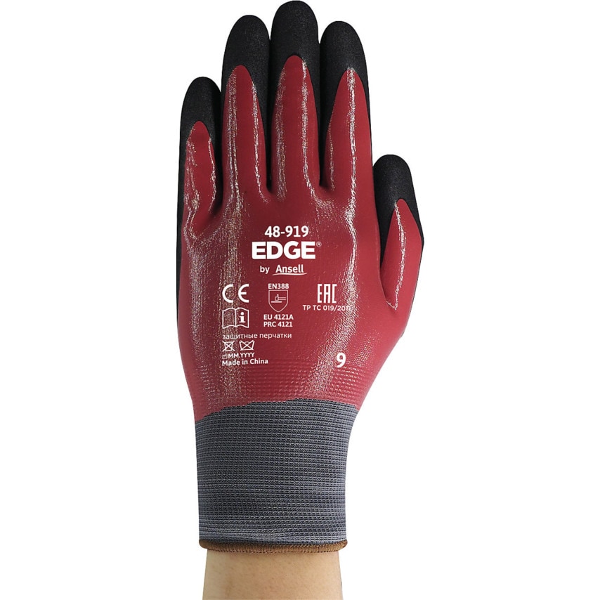 Ansell 48-919 Edge Nitrile Double Coated Glove Black+Red Size-10