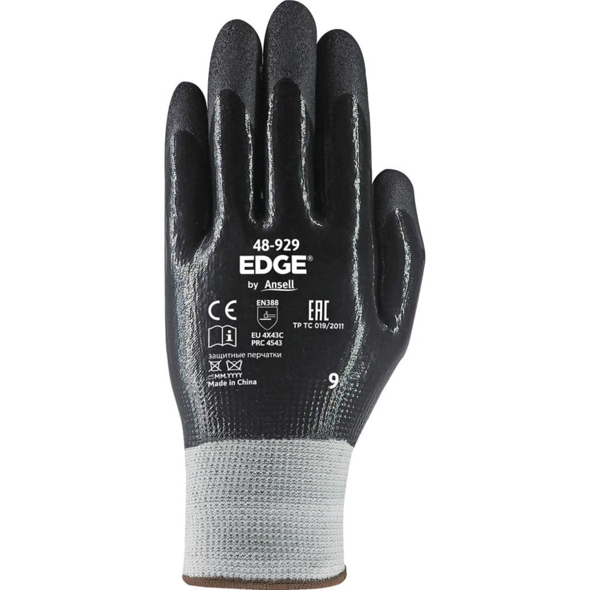Ansell 48-929 Edge Nitrile Fully Coated Cut-C Glove Black Size-9