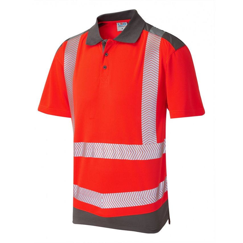 Leo Workwear Peppercombe ISO 20471 Class 2 Dual Coolviz Plus Polo Shirt HV Red/G