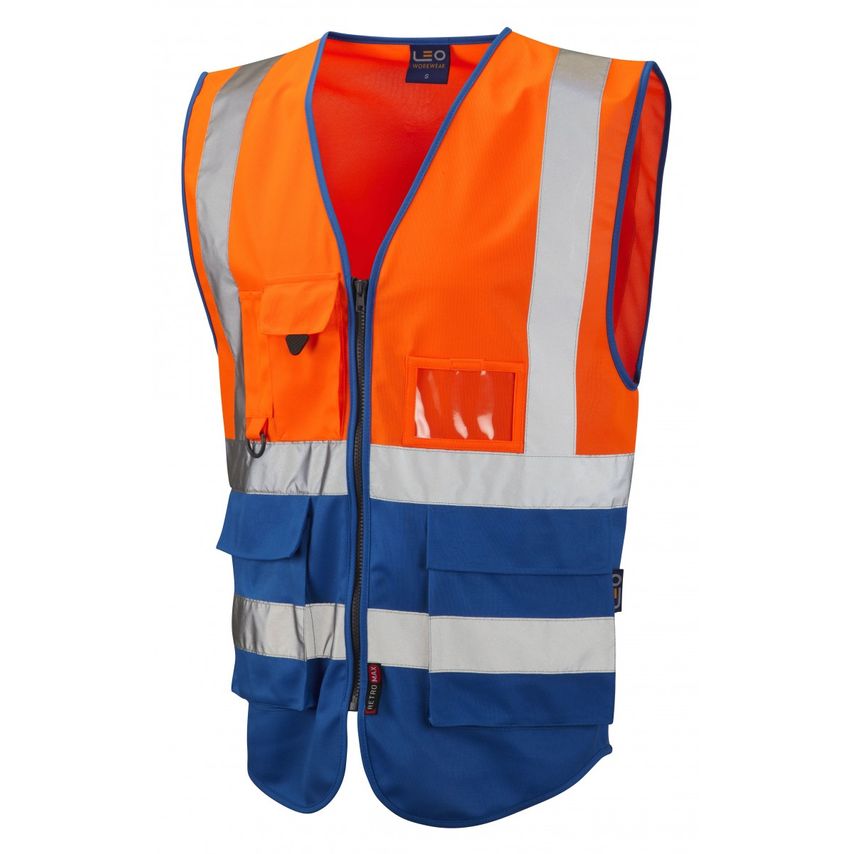 Leo Workwear Lynton ISO 20471 CL 1 Superior Waistcoat HV Orange/Royal Small
