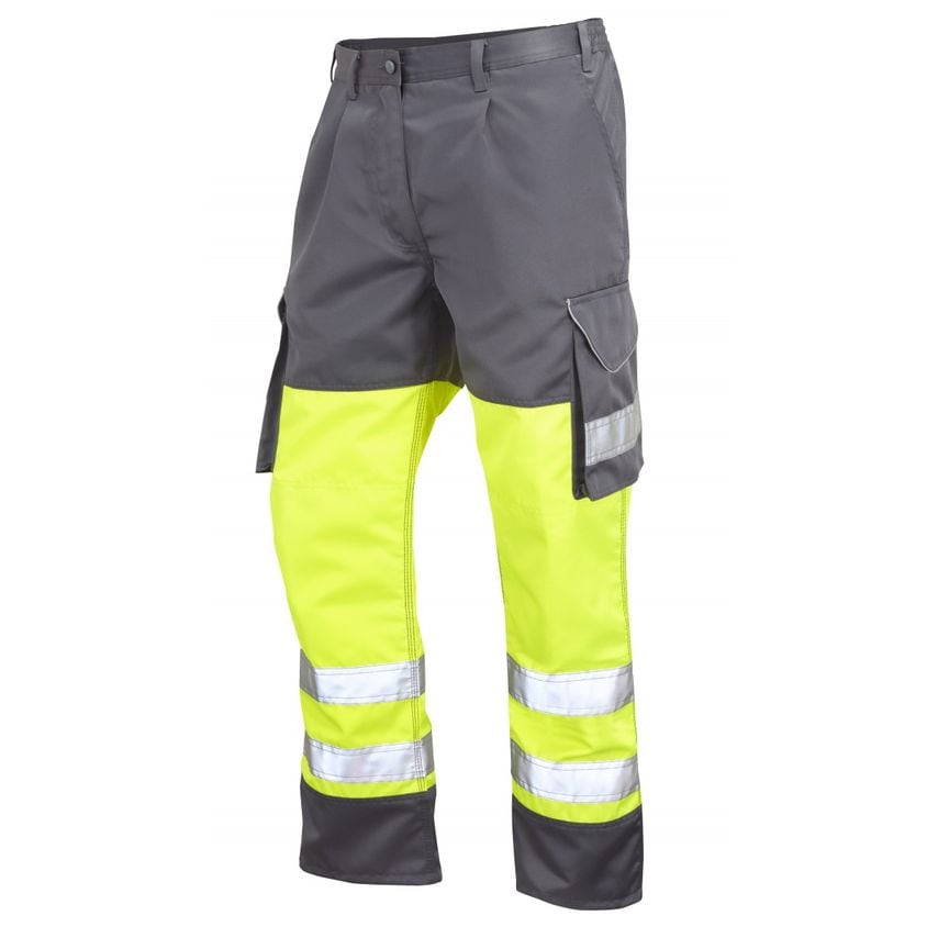 Leo Workwear Bideford ISO 20471 CL 1 Poly/Cotton Cargo Trouser HV Yellow/Grey 42