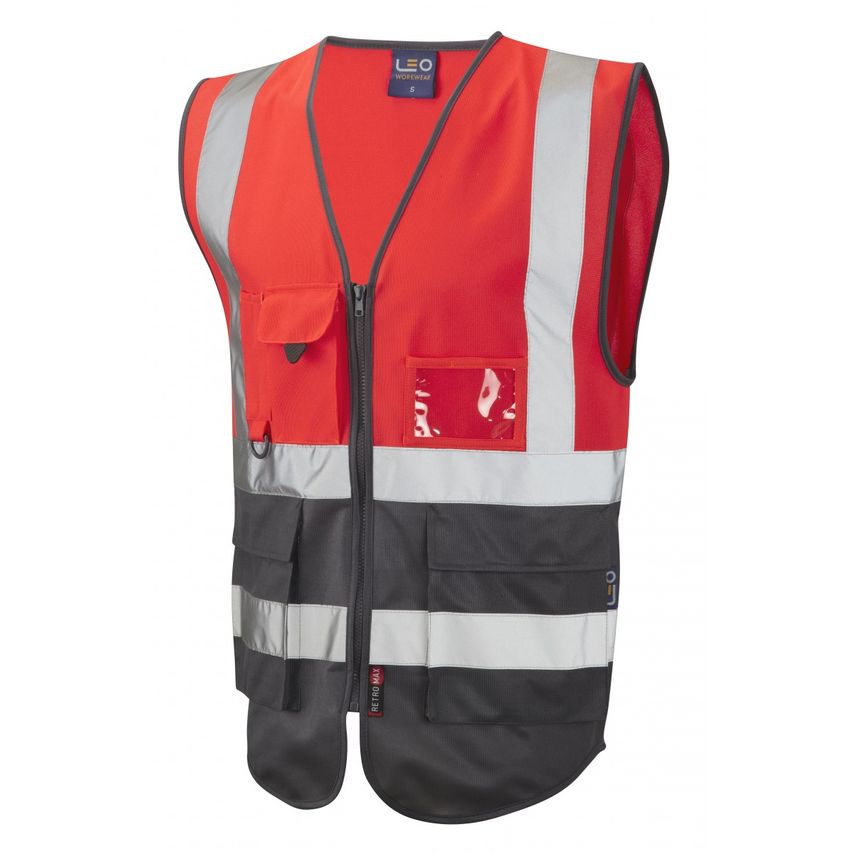 Leo Workwear Lynton ISO 20471 CL 1 Superior Waistcoat HV Red/Grey Medium