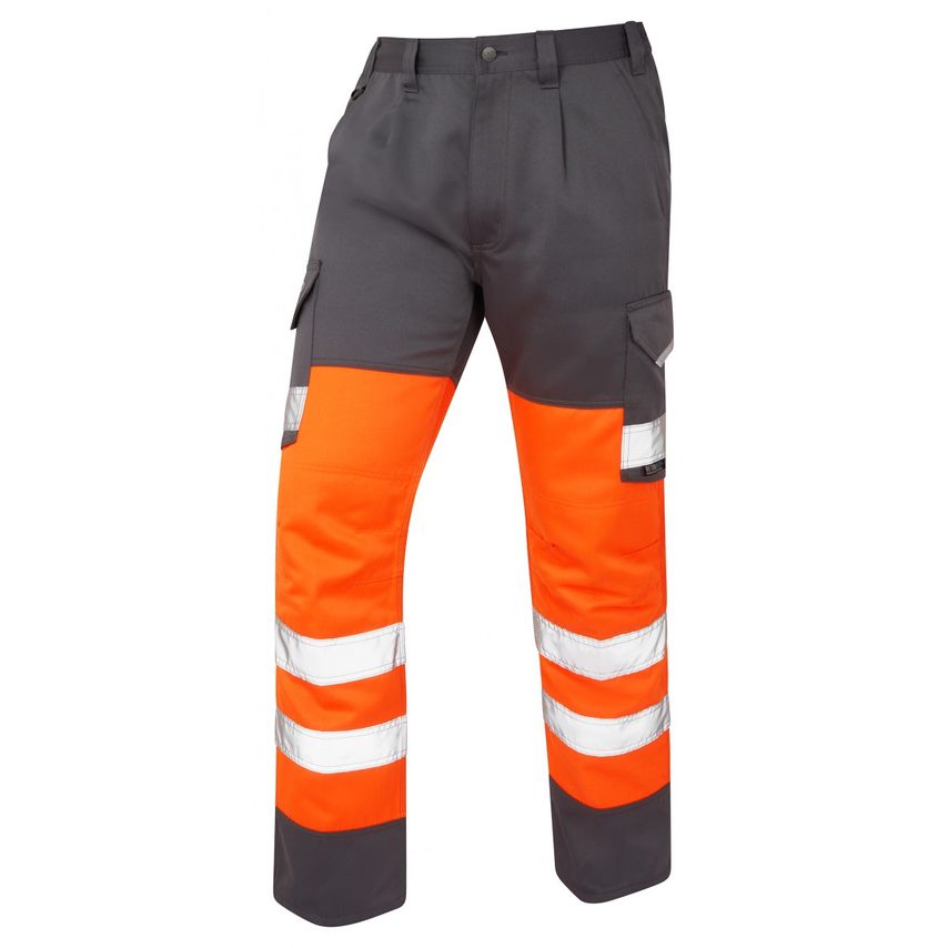 Leo Workwear Bideford ISO 20471 CL 1 Poly/Cotton Cargo Trouser HV Orange/Grey 28