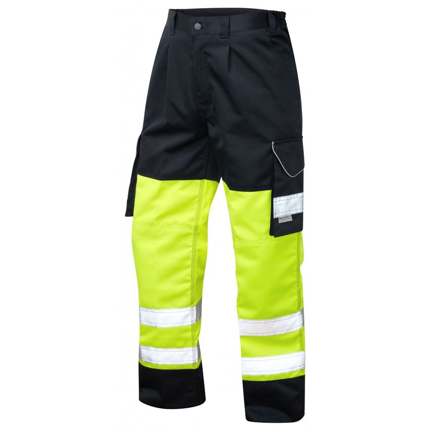 Leo Workwear Bideford ISO 20471 CL 1 Poly/Cotton Cargo Trouser HV Yellow/Navy 44